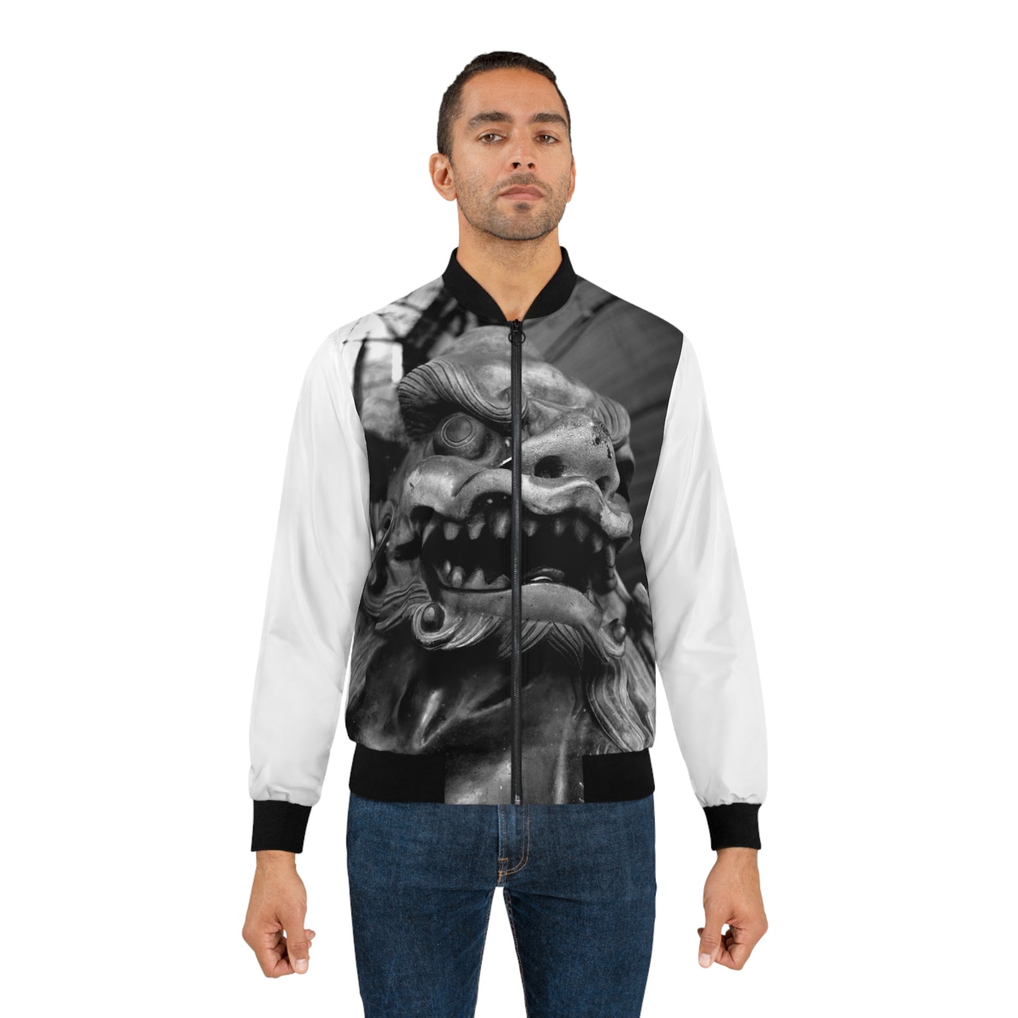 Foo Dog Lion Bomber Jacket  Tokyo — Black & White Guardian Mask Design