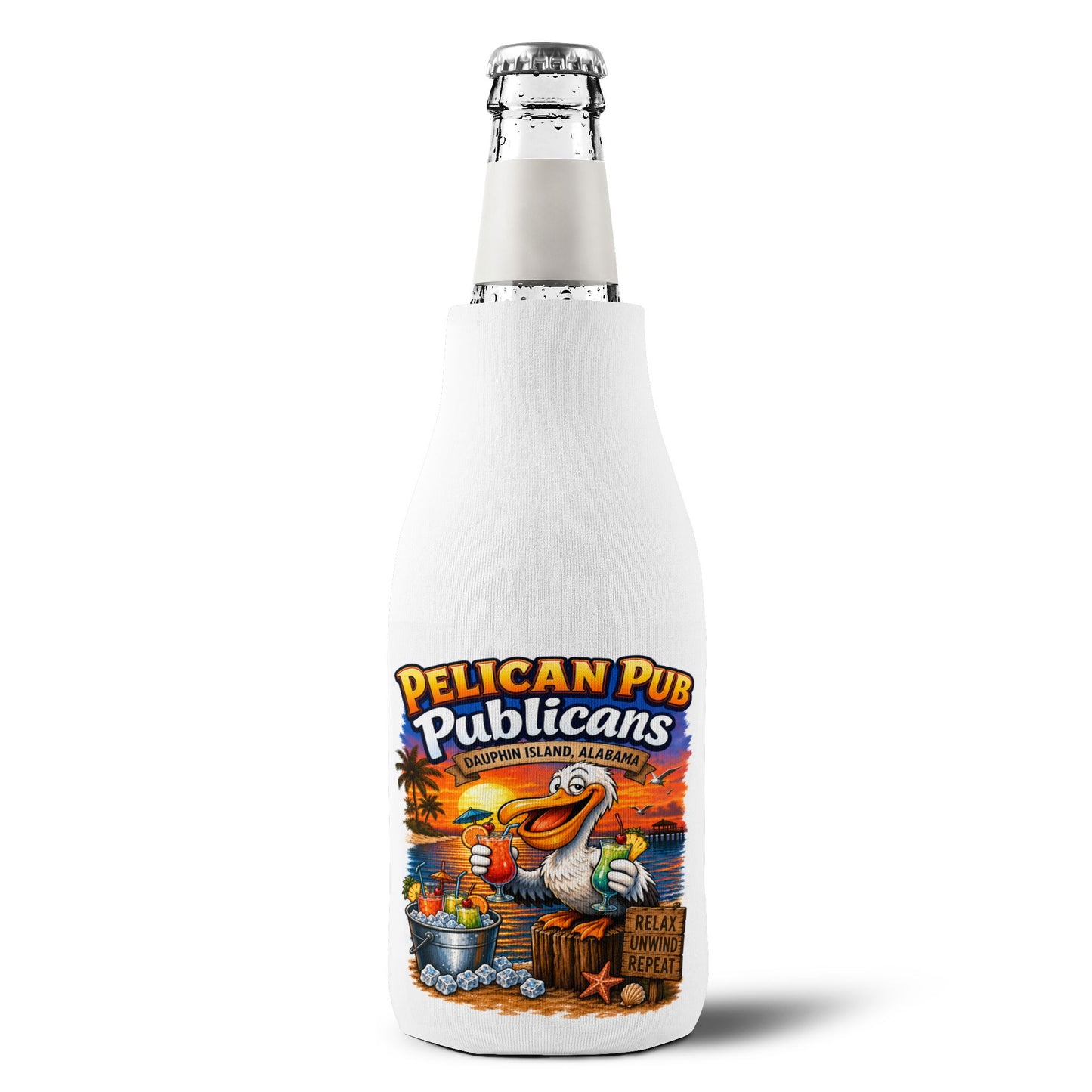 Pelican Pub Beach Pelican Zip-Up Bottle Cooler Sleeve | Can Koozie